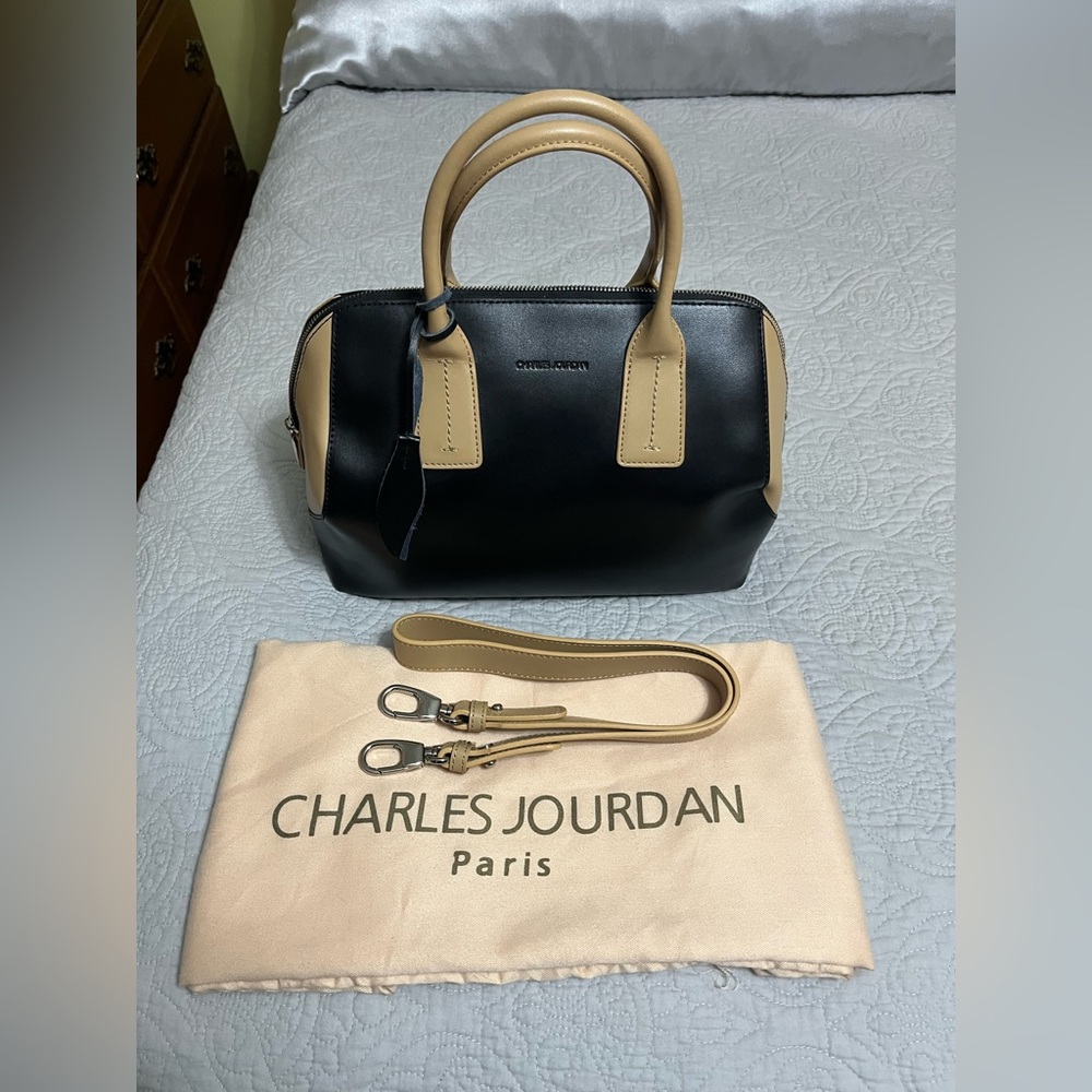 CHARLES JOURDAN PARIS NWT Black and Tan Leather Dome Satchel never carried - Picture 2 of 16